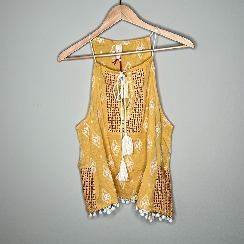 RAGA Anthropologie Embroidered Crochet Pom Tank Top in Yellow & White Size Large